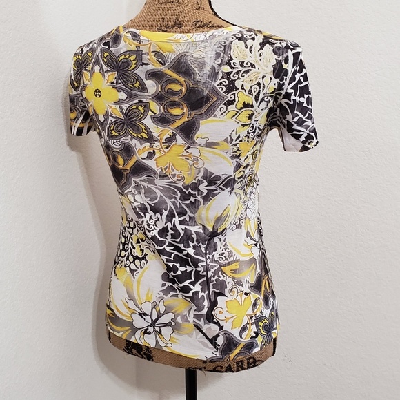 Style & Co. Black yellow white floral print round neck cap sleeve top Petite Sm - Picture 3 of 8